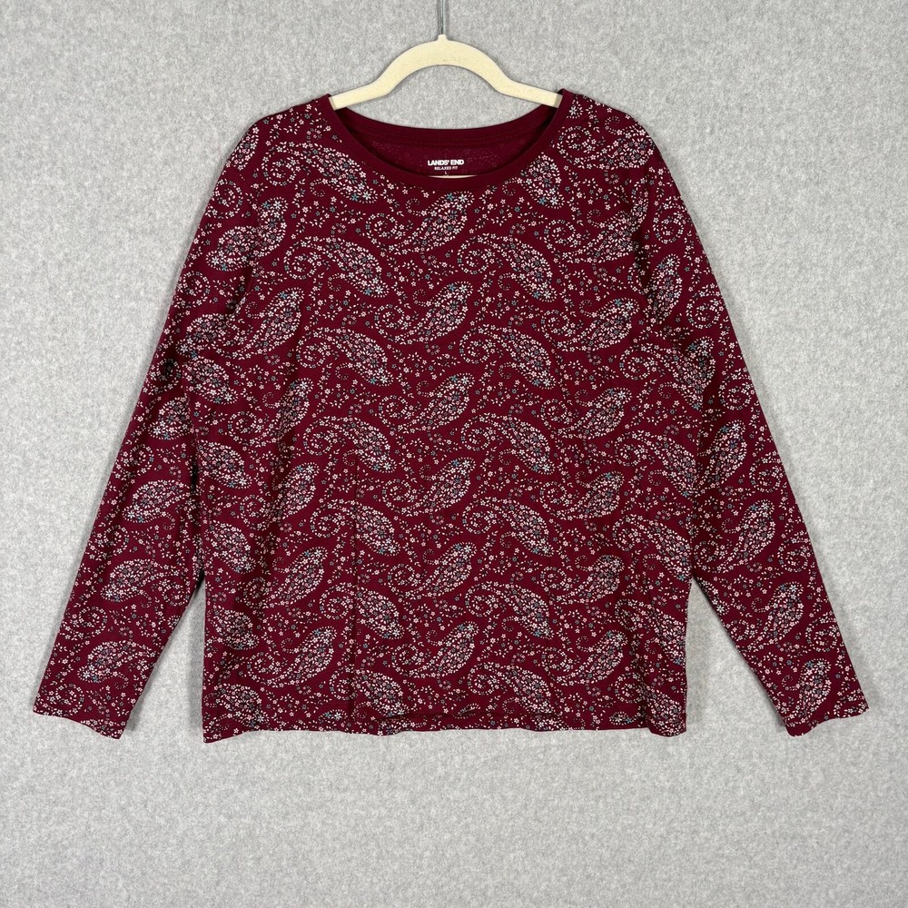Lands End Shirt Women Large Burgundy Floral Paisley Long Sleeve Relaxed Fit Knit