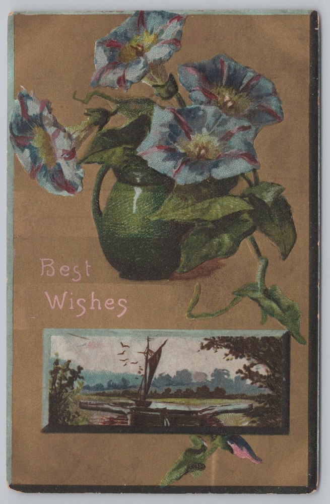 Greetings~Blue Flowers In Vase & Boat Wreck Best Wishes~Vintage Postcard