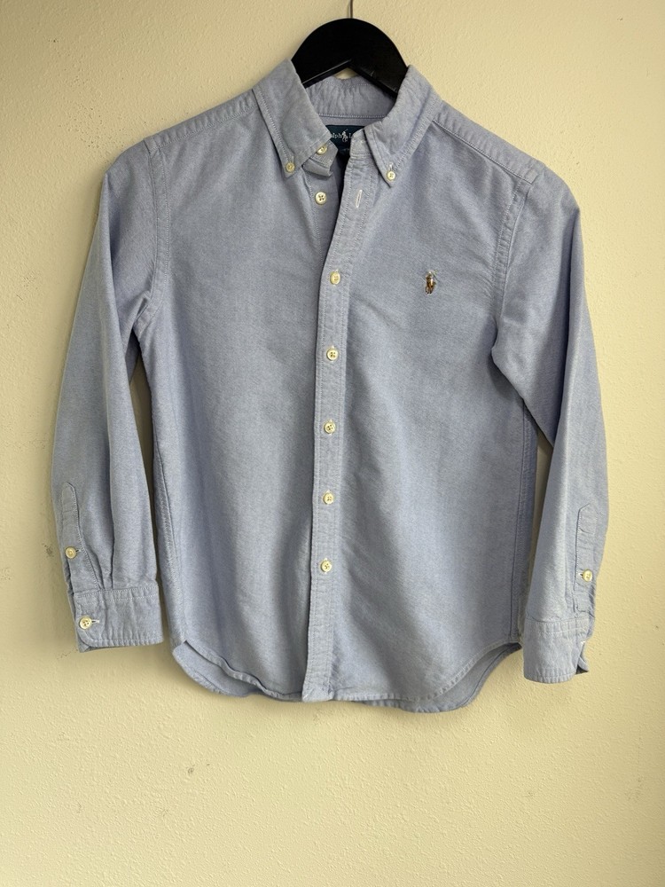 Polo Ralph Lauren Oxford Shirt Boys M 10-12 Blue Chambray Button Up Flesh Pony
