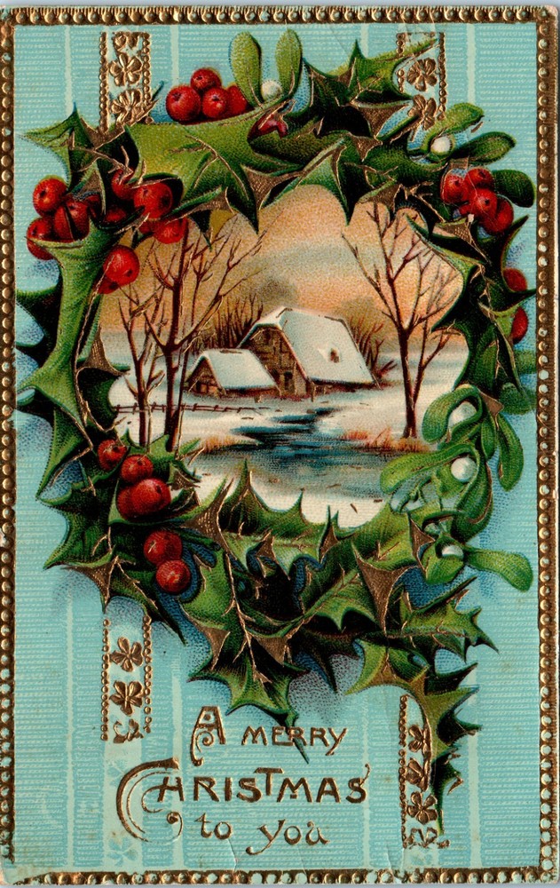 c1910s - Holly Wreath Snowy Cottage Embossed Christmas - Postcard - P13