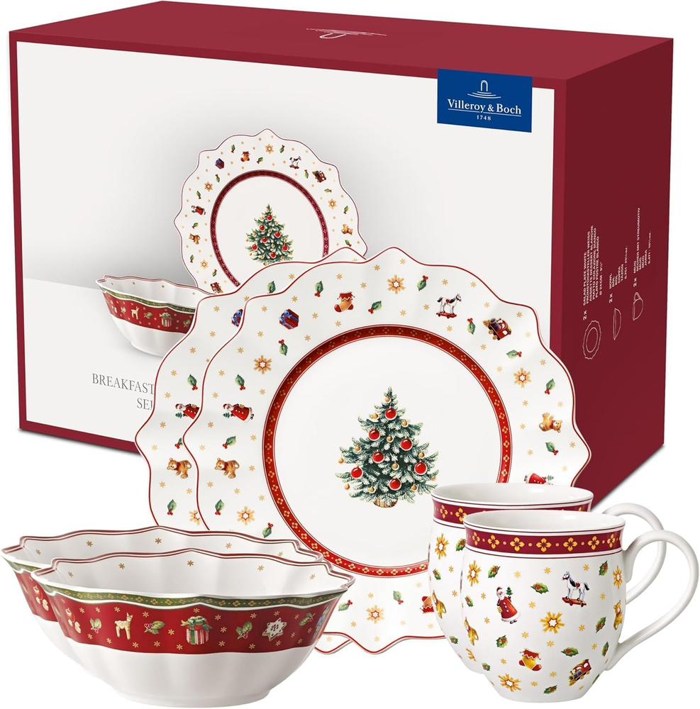 Toy'S Delight Breakfast for 2, Premium Porcelain, Red and White, Set of 6 Pieces