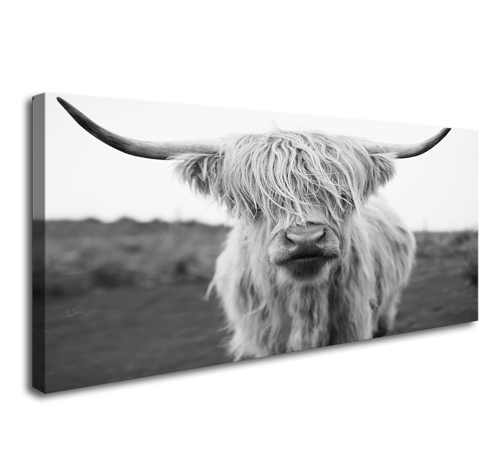 XXMWallArt FC3662 Highland Cow Canvas Wall Art Black and White Animal Wall Ar...