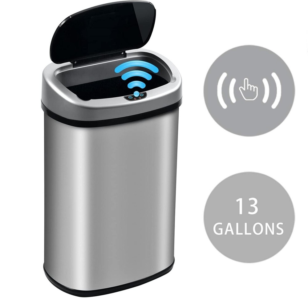 Kitchen Trash Can with Lid, 13 Gallon Automatic Garbage Can，Stainless Steel Bin