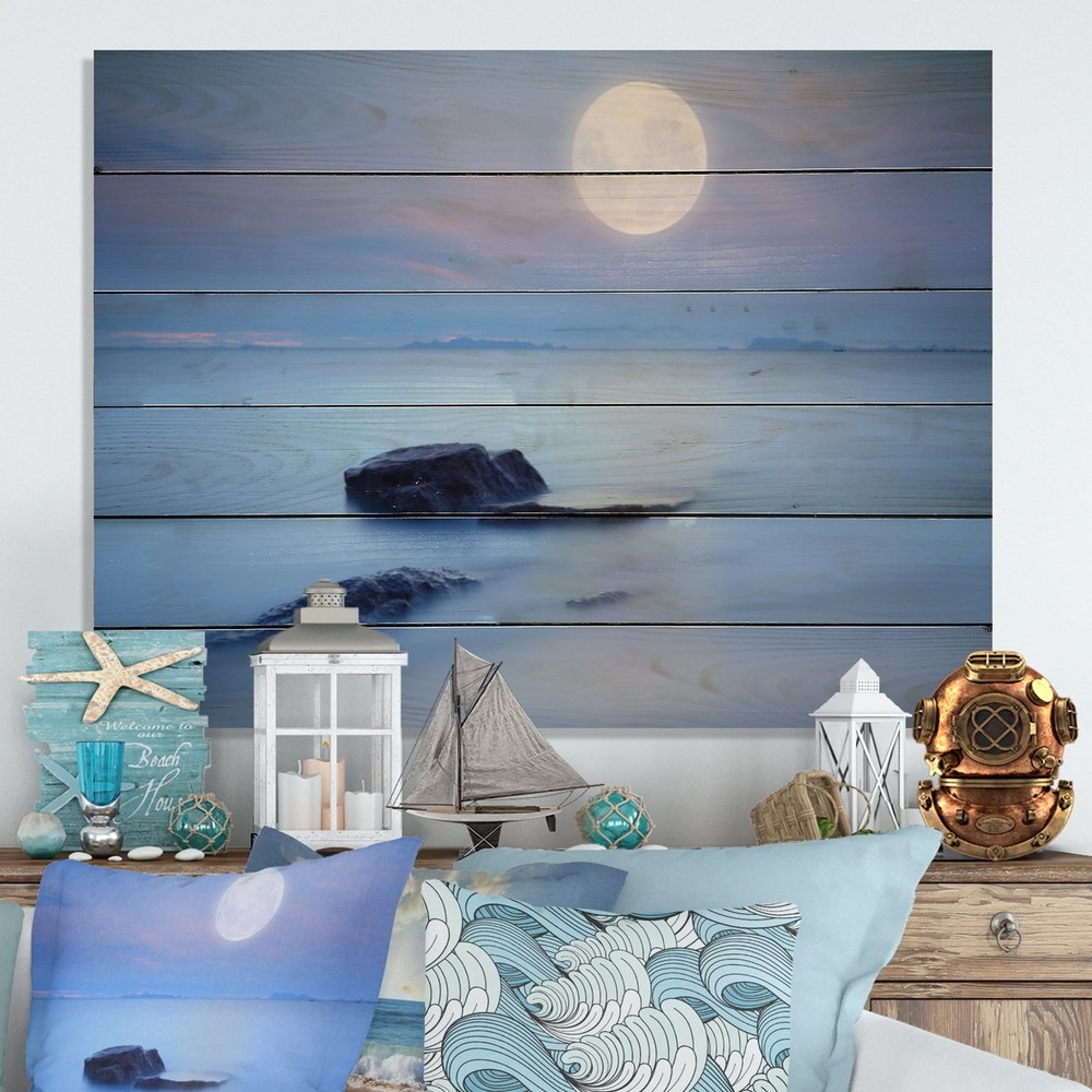 Designart 'Beautiful Moon Over Blue Sea III' Nautical &