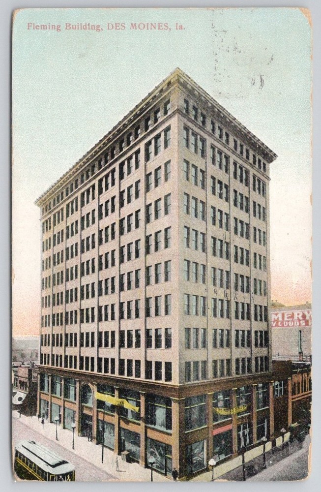 Fleming Building Des Moines IA 1909 Postcard Emery Foods Streetcar Iowa Post