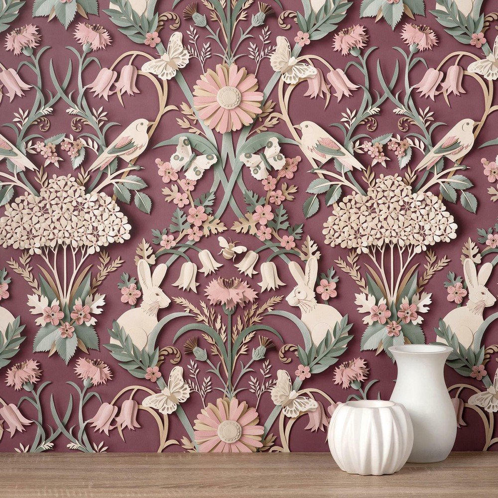 3D Woodland Animals Floral Plum Wallpaper FD42949 by Dimensions Fine Decor