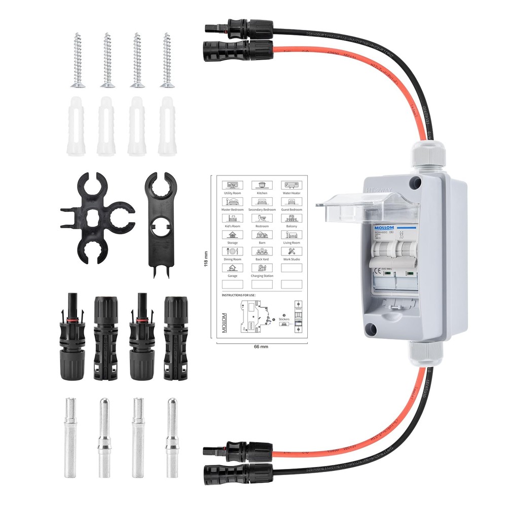 Mollom Solar Panel Disconnect Switch 1000V 60Amp IP65 Breaker Box with 2P DC ...