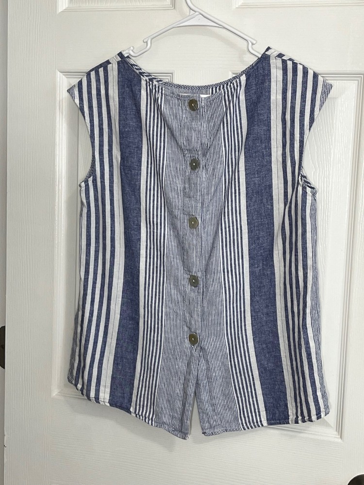 Max Studio Women’s Sleeveless Striped Linen-Blend Button-Back Top, Size M