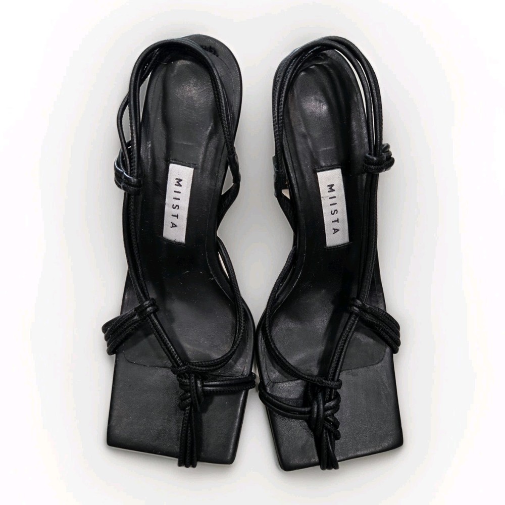 MIISTA Womens Black Leather Strappy Heel Sandals EUR 37 US 6.5