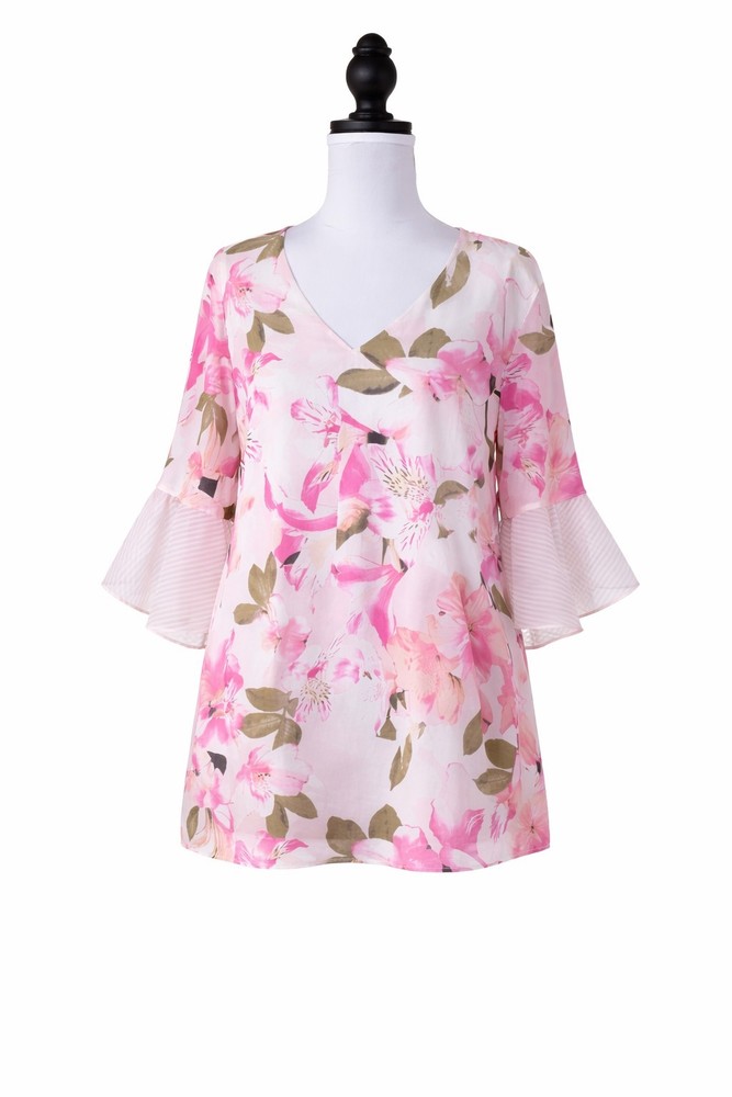Calvin Klein Pink Floral Bell Sleeve Chiffon V-Neck Blouse Size M