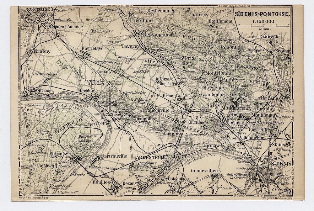 1904 Original Antique Map Of Vicinity Of Seine-Saint-Denis / Pontoise / France