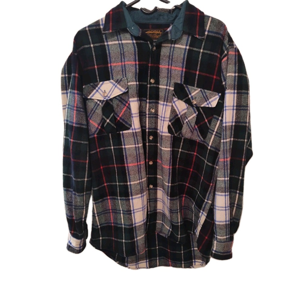 Vintage Eddie Bauer Men's Wool Plaid Shirt Green Blue White Red Checkered Flannel
