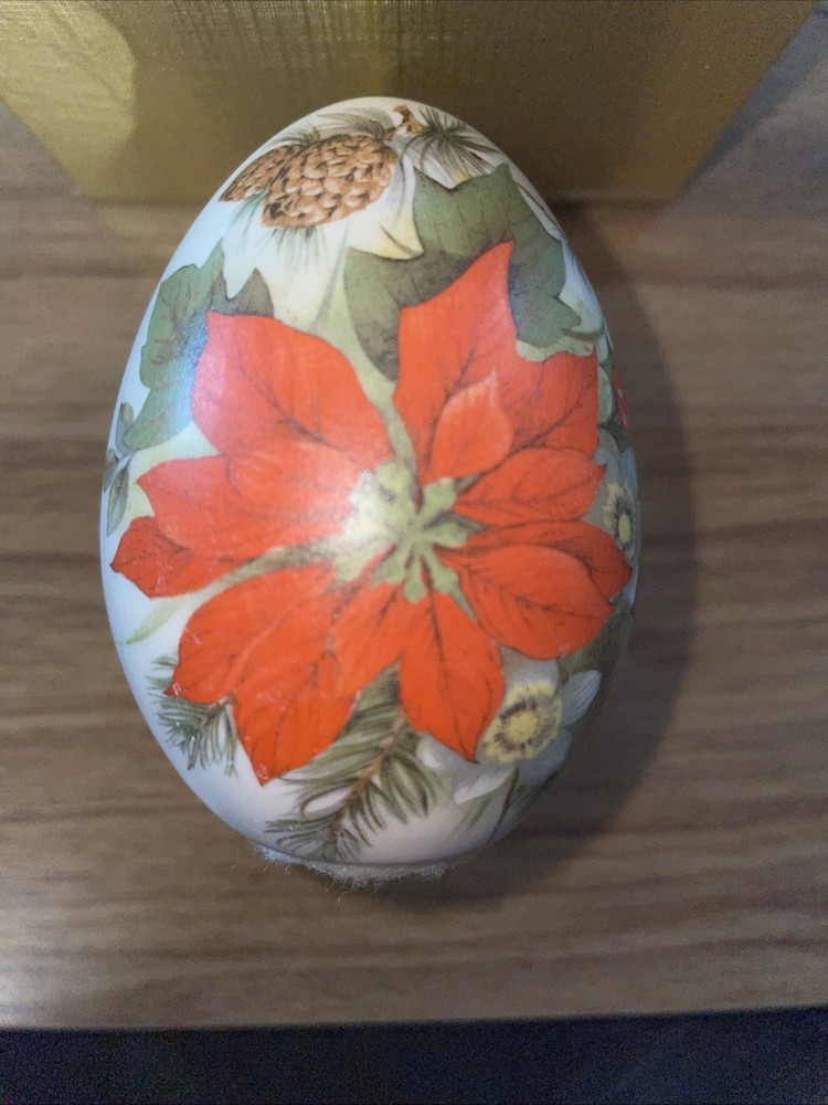 Eggzakly Porcelain Christmas Poinsettia Egg Hand Painted Flowers 2.5