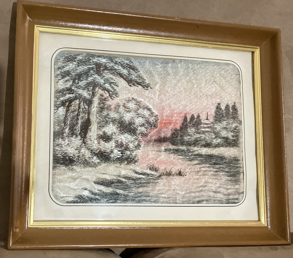 Vintage Hand Made Embroidered Framed Hanging Art Landscape Pine Tree Sky Medium