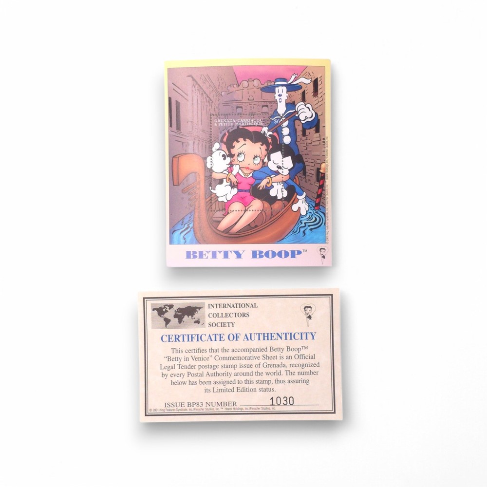 Betty Boop Betty in Venice Pudgy Bimbo Koko Gondola Stamp Sheet MNH with COA