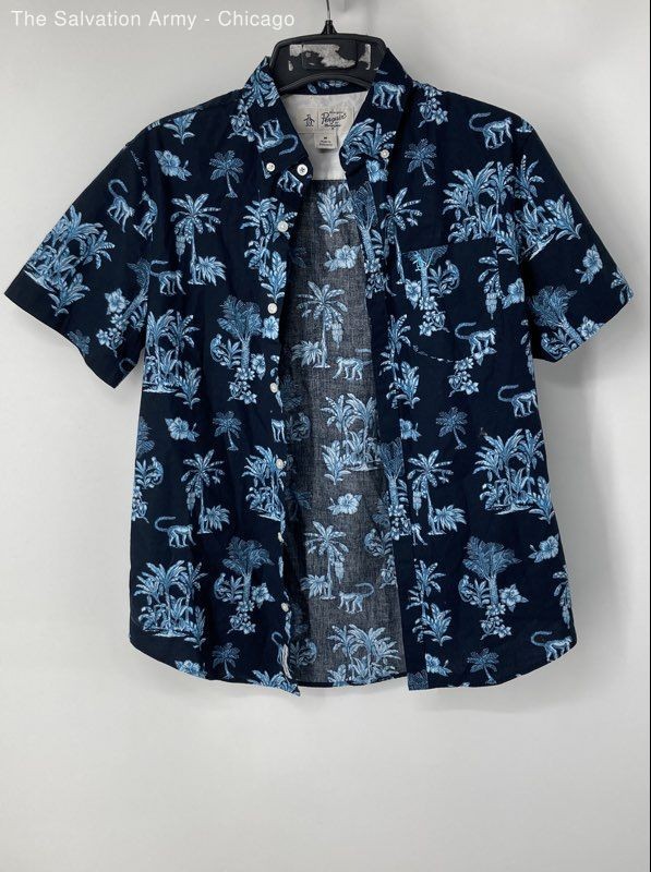 Penguin Mens Blue Monkey Print Short Sleeve Button-Up Shirt Size Medium