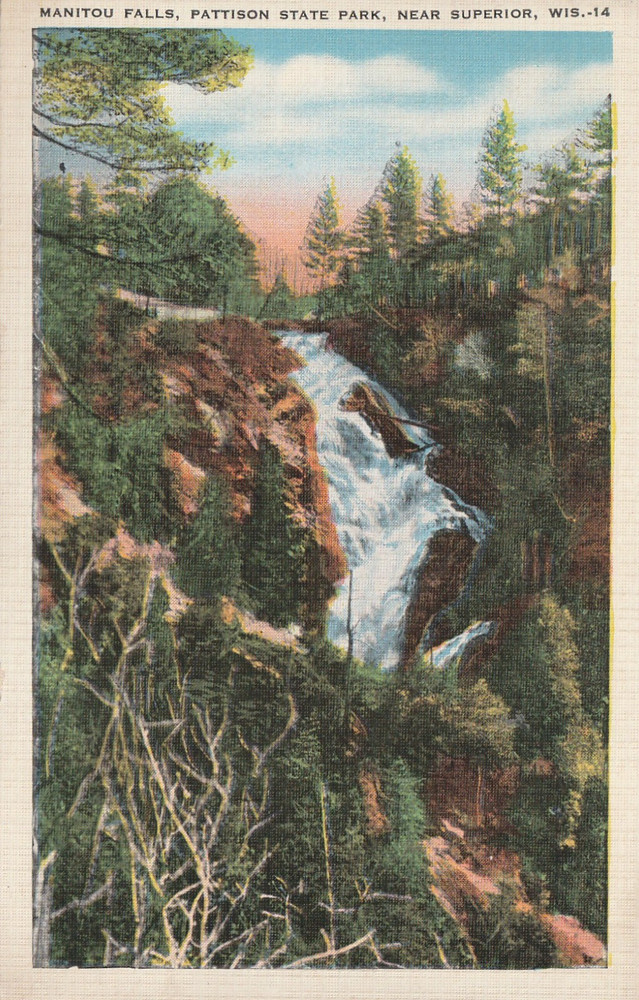 Manitou Falls Pattison State Park Superior Wisconsin WI Vintage Postcard A 7926