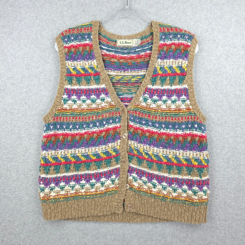 Vintage LL Bean Cardigan Vest Womens Large Knit Fair Isle Cottagecore Boho 80s