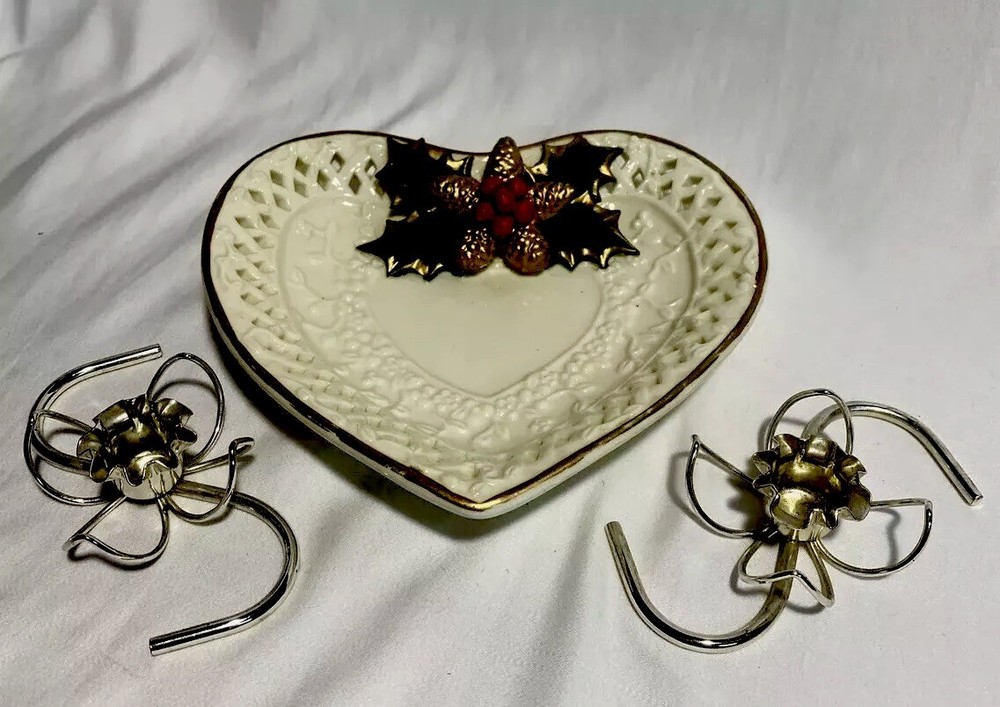 Festive Porcelain Christmas Candy Dish with Heart & Candle Holders