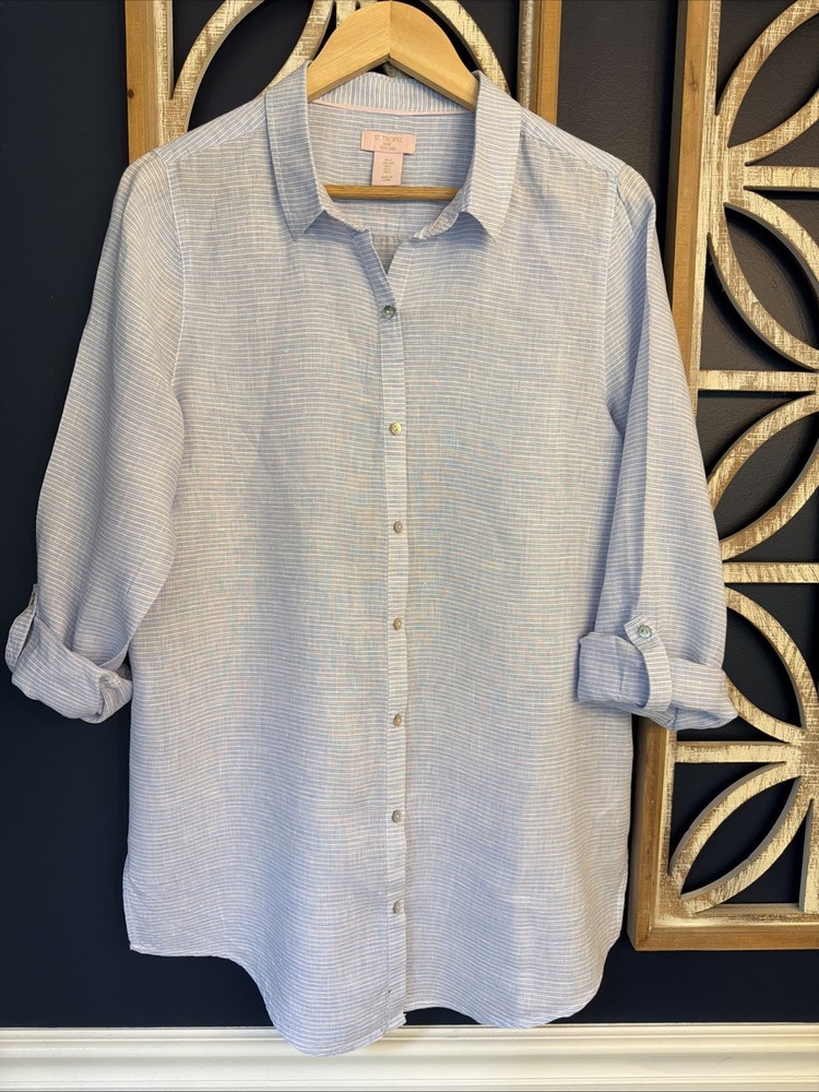 St. Tropez West Women's Linen Top Tunic Size Large Blue & White Stripe Easy Care