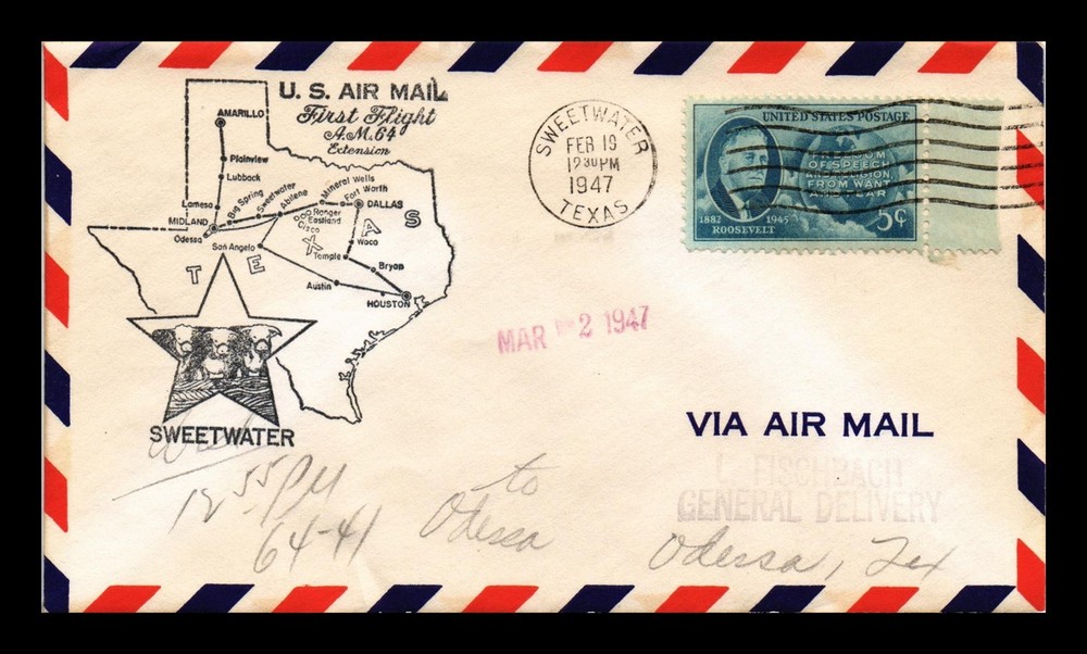 Dr Jim Stamps Us Cover Sweetwater Texas First Flight Air Mail Am 64