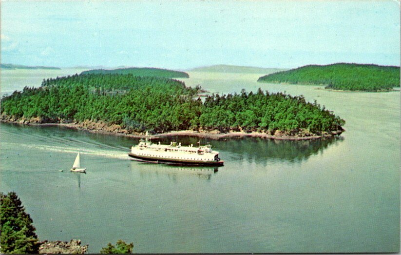 1960s Aerial View MV Evergreen State Ferry San Juans Washington Vintage Postcard