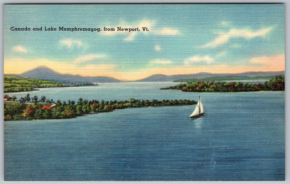 Vtg Linen Postcard Sailboat Lake Newport, VT 1930s