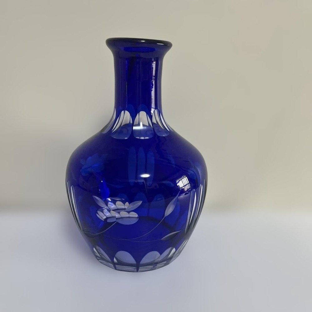 Japanese Blue Kiriko Cut Glass Decanter Flower Vase Antique Vintage Japan Clear