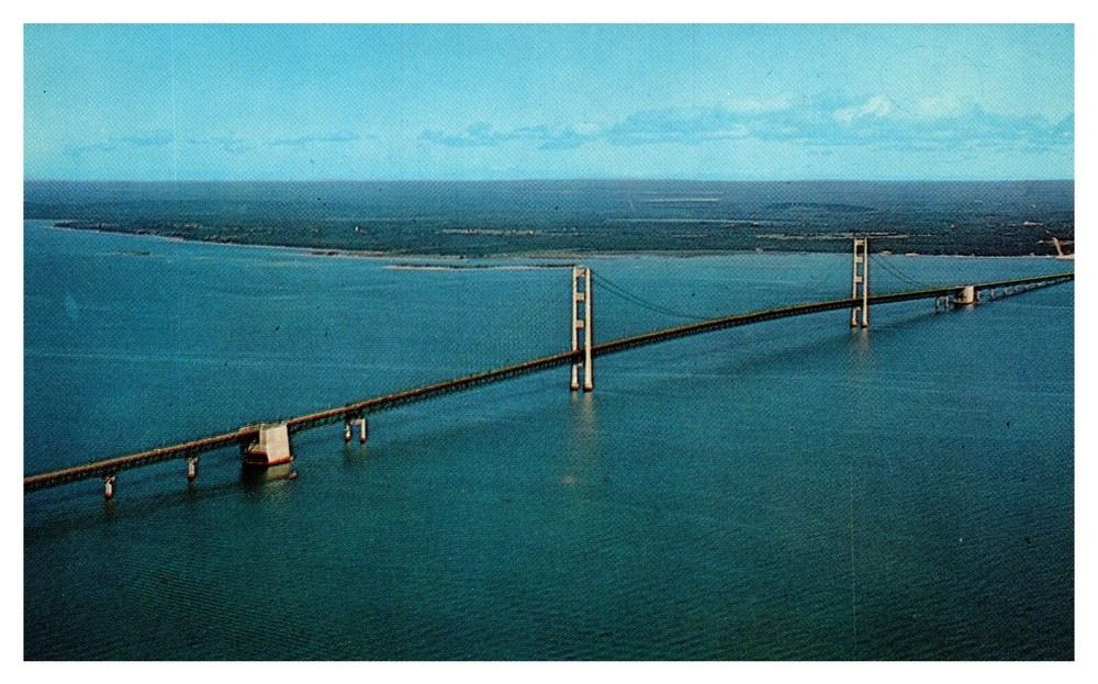 MI Michigan The Mackinac Bridge Aerial View Chrome Postcard