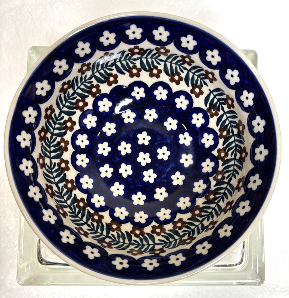 Manufaktura Polish Pottery Blue Floral Cereal Bowl, 6.5” Diameter, Signed