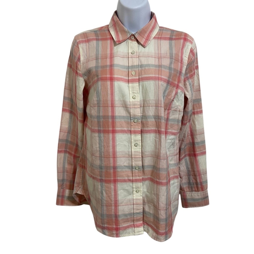 Talbots Woman's Button Down Plaid Long Sleeve Shirt Coral Gray Casual Size XS
