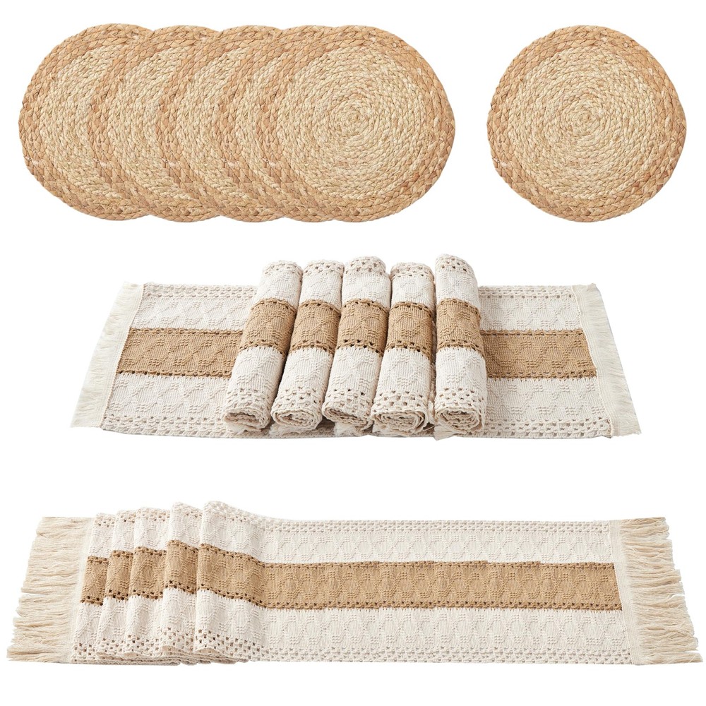 Boho Placemats Set of 13 PCS - Handmade Grass Woven Meal Mats and Natural Cot...
