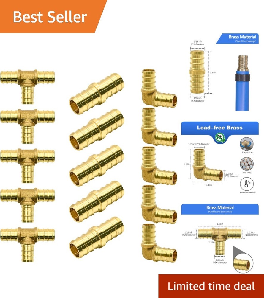 15pcs 1/2 PEX Brass Fittings Set Elbows Tees Couplings Plumbing Kit