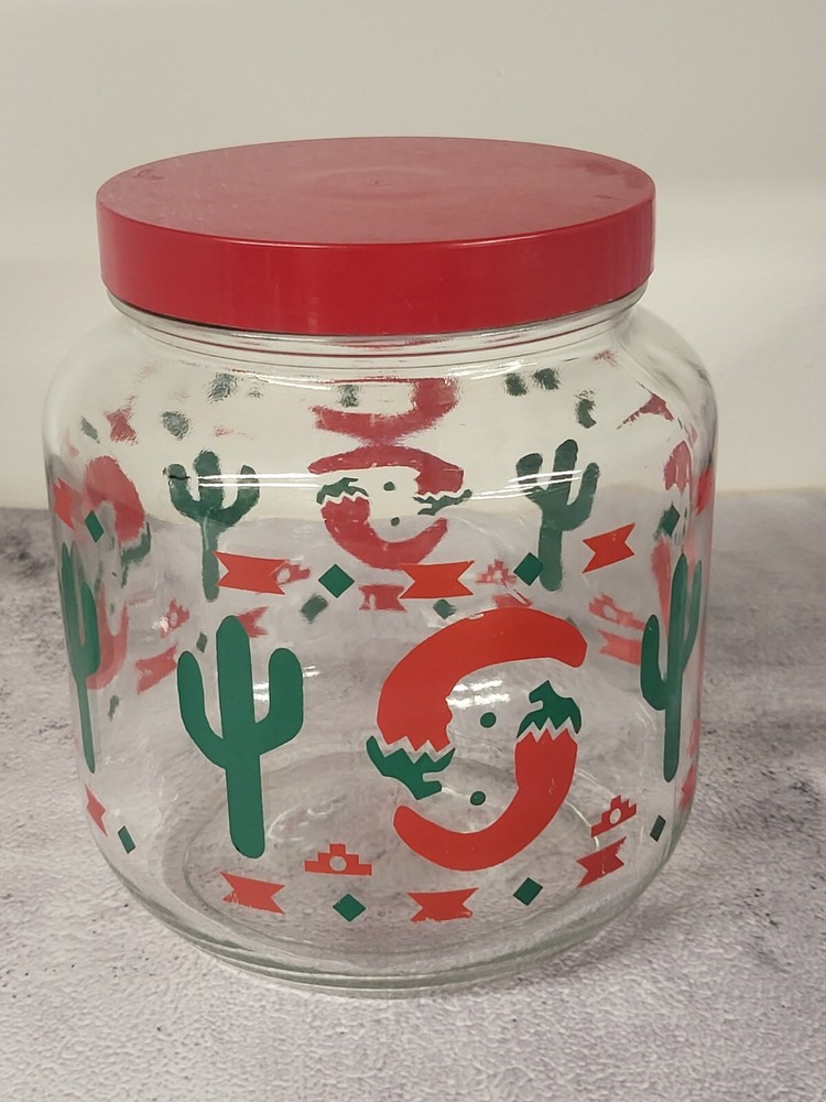 Red Chili Pepper Glass Jar With Cactus & Lid Vintage 1 Qt Southwestern Pattern