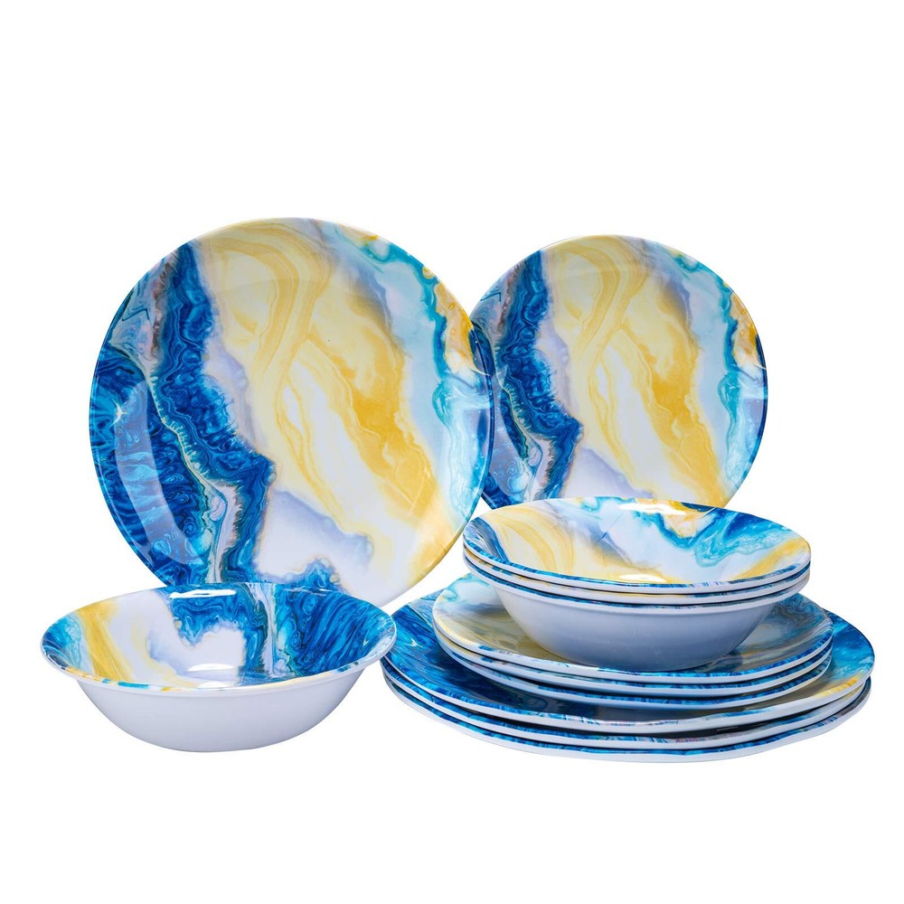 12 Pcs Melamine Dinnerware Set - Indoor and Outdoor Durable Plastic Dishes Di...