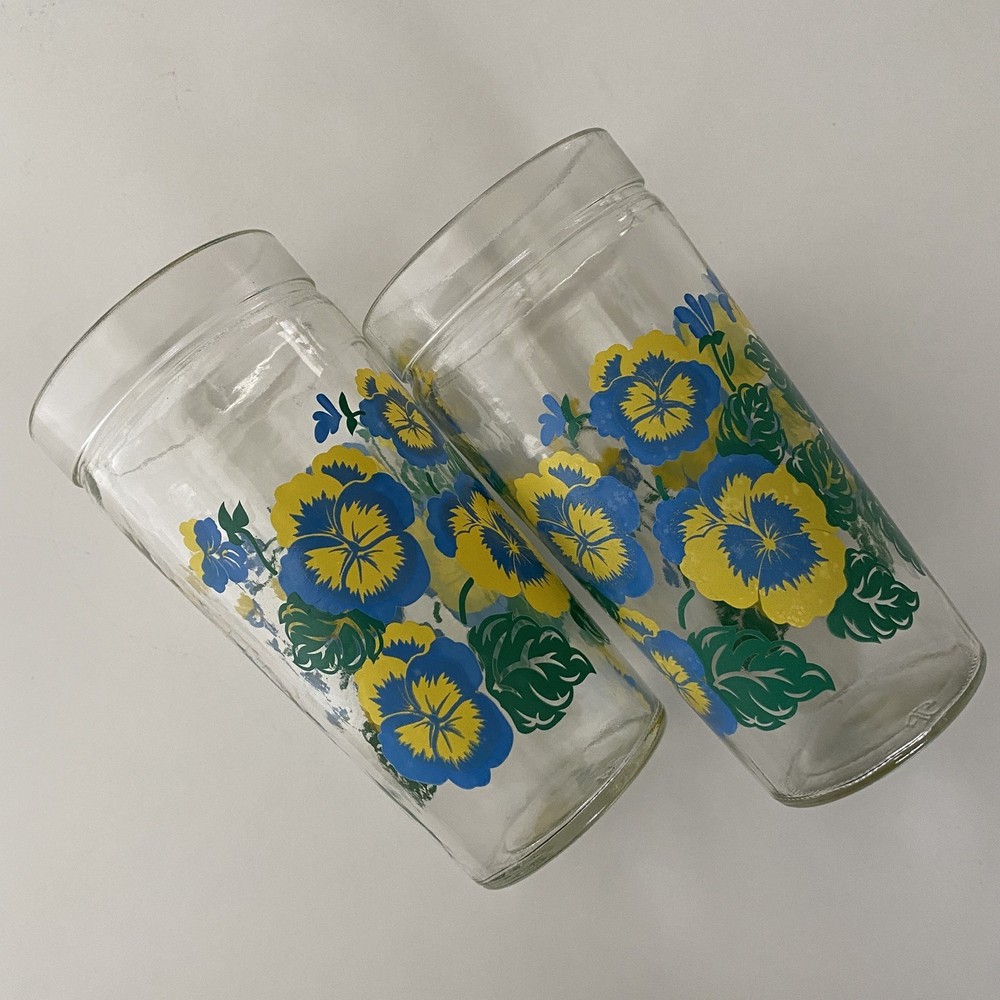 2 Vtg 80s Anchor Hocking Yellow Blue Pansy Flowers Glass Jelly Jar Tumblers
