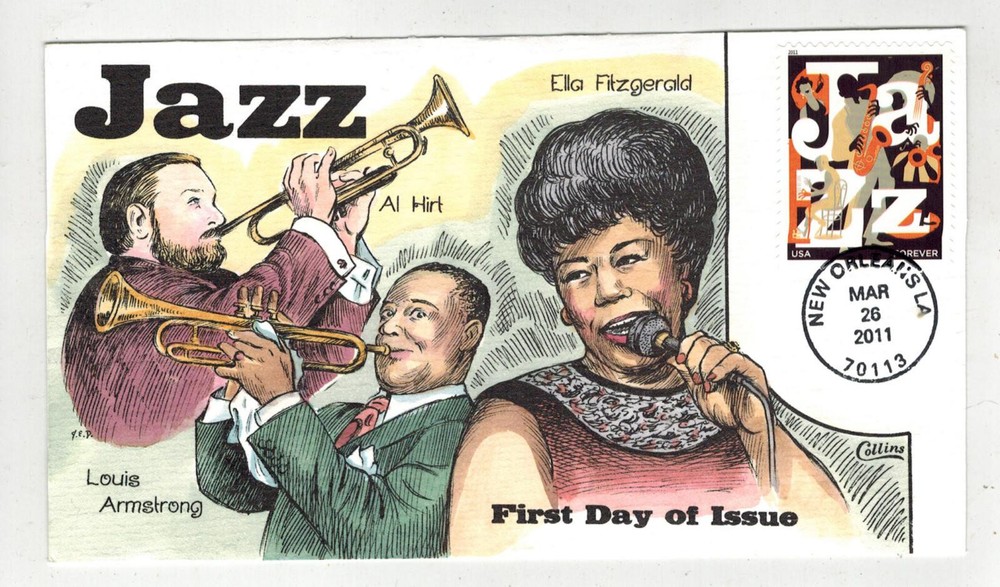 COLLINS PINTADO A MANO FDC 4503 MÚSICA JAZZ ELLA FITZGERALD LOUIS ARMSTRONG AL HIRT