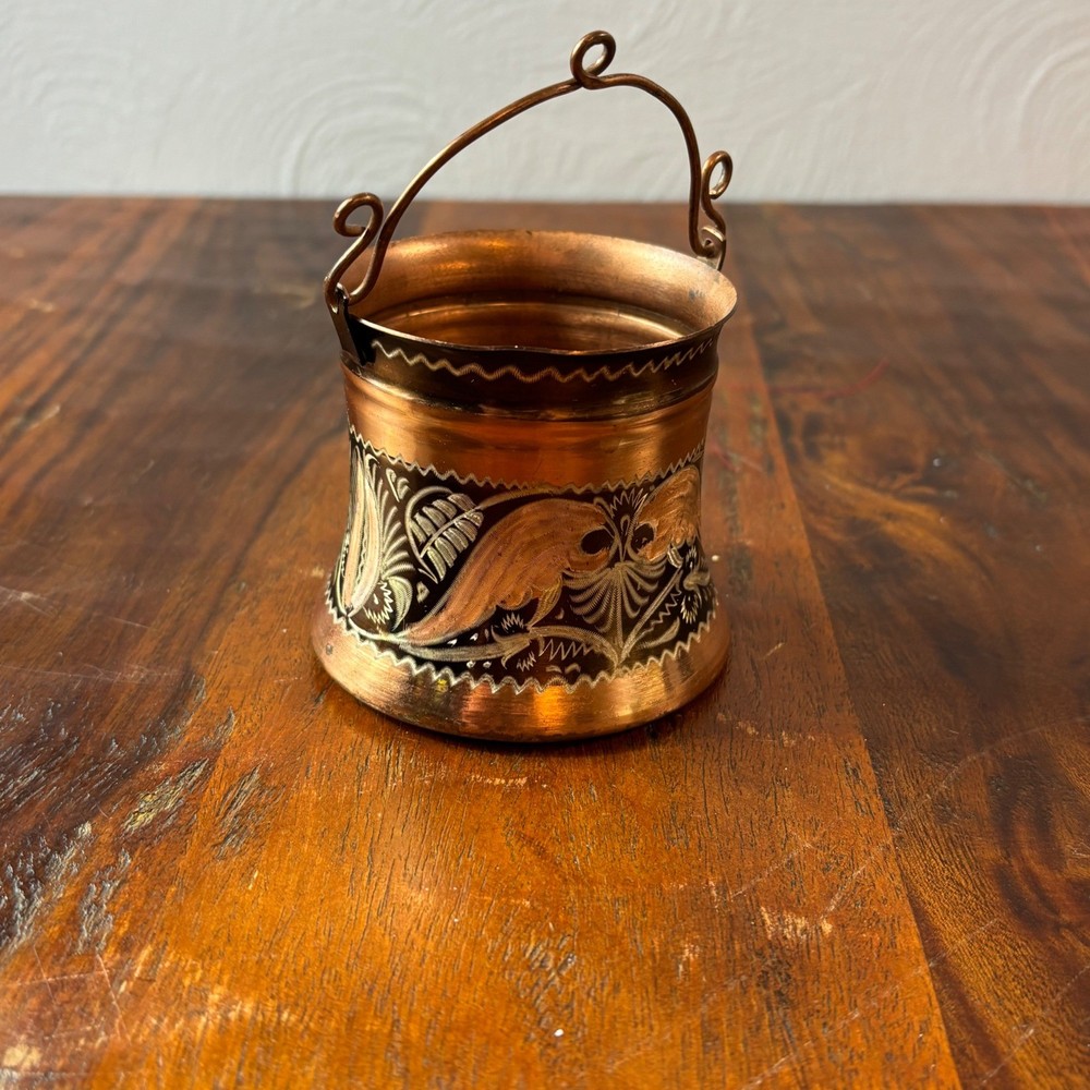 Vintage Erzincan Turkish Etched Copper Miniature Bucket Hand Engraved
