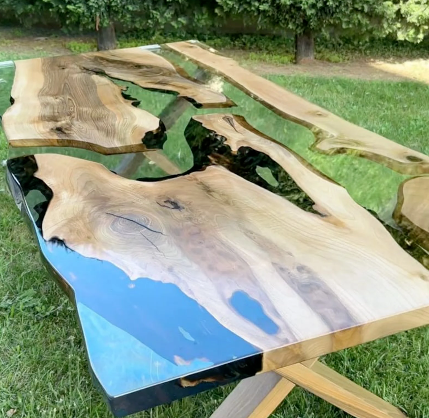 Mesa de resina UV personalizada, nogal de borde vivo, mesa de comedor, mesa de epoxi moderna