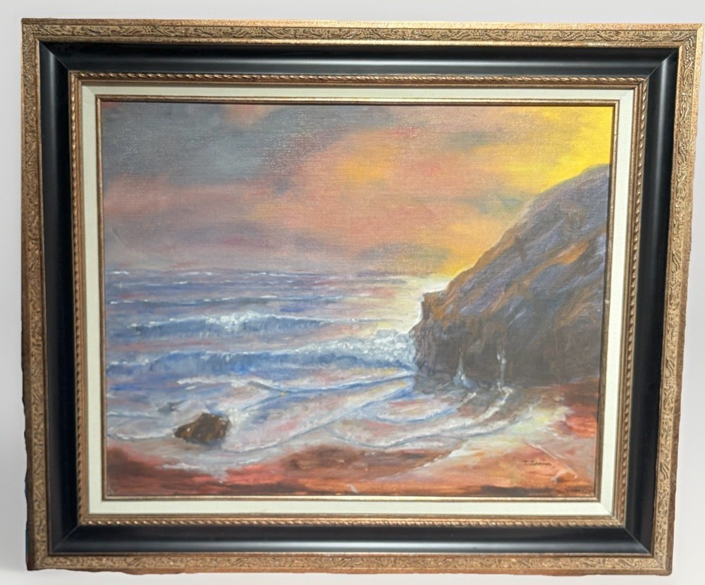 Vintage Tim Johnson Oil Painting Seascape Canvas Panel Signed Framed