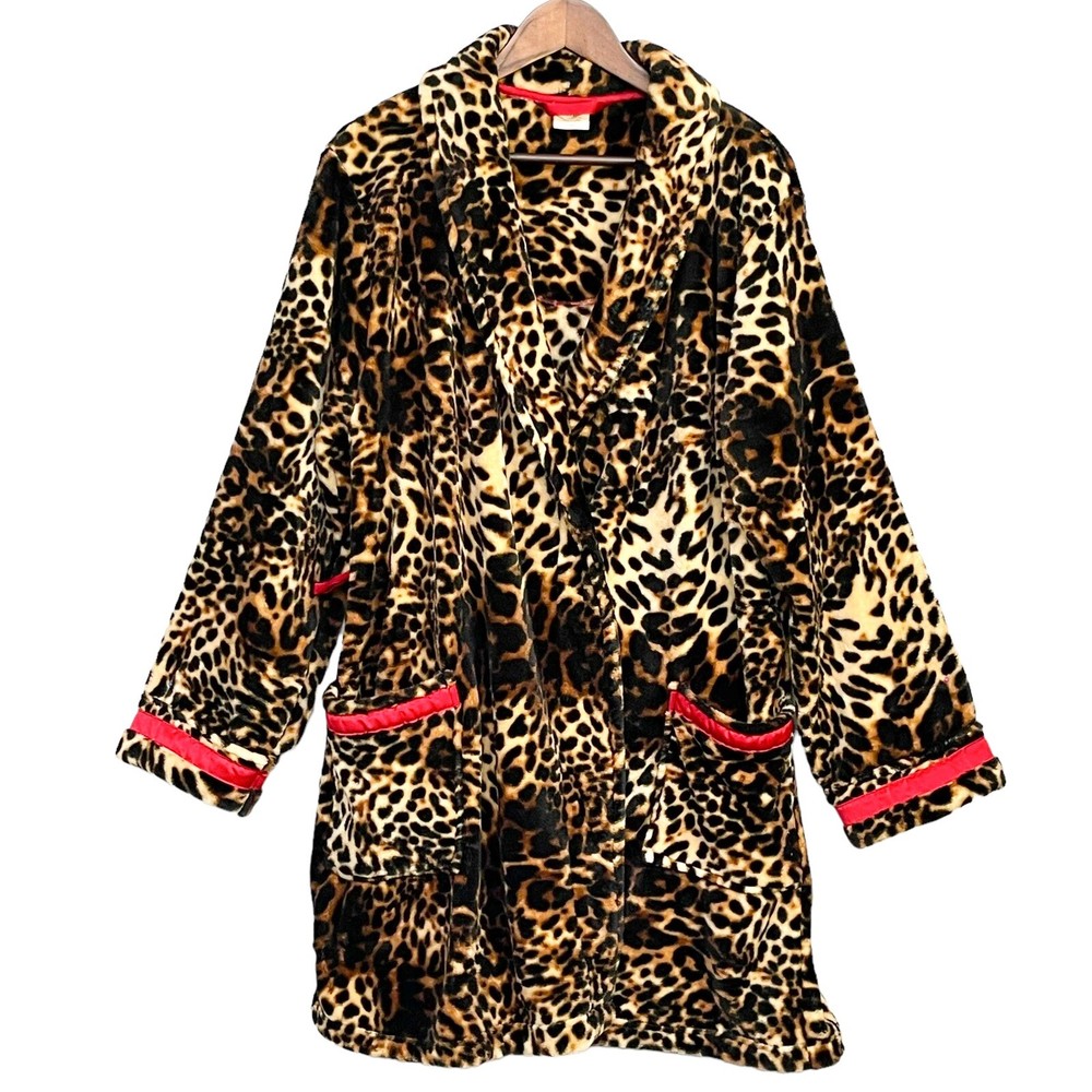 Soma Plush Lounge Bath Robe Women's Size L/XL Brown Black Animal Print Pocket