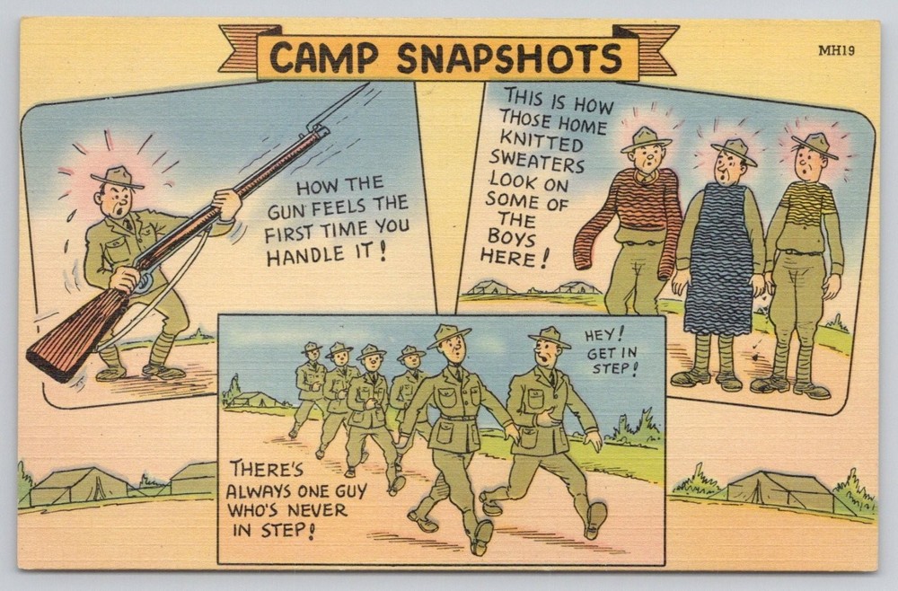 WW2 US Army Camp Snapshots Humorous Cartoon Linen Postcard Tichnor Bros.