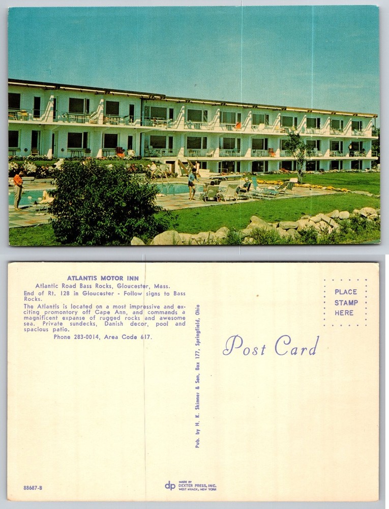 Vintage Atlantis Motor Inn Postcard Gloucester Massachusetts Bass Rocks Pool