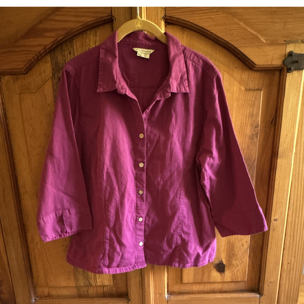 Royal Robbins Women's Purple Linen Collared 3/4 Sleeve Button-Up Shirt XL