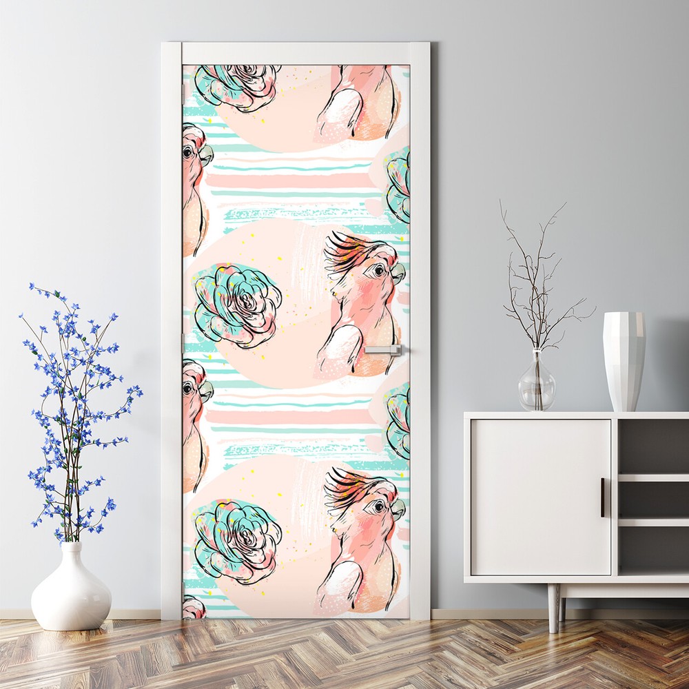 Pink parrot bird bubble-free self-adhesive peel and stick door mural