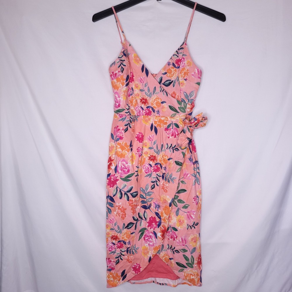 Lovers + Friends Dress Small Floral Orchid Linen Lined Surplice Front Knot