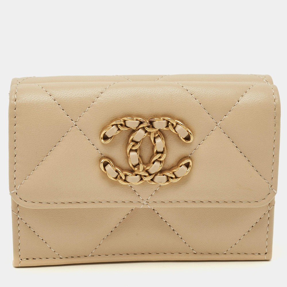 Chanel 19 Beige Quilted Leather Trifold Wallet