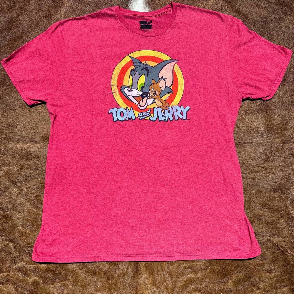 Tom & Jerry Men's Graphic Print Short Sleeve T-Shirt Red 2XL Cartoon Promo Tee