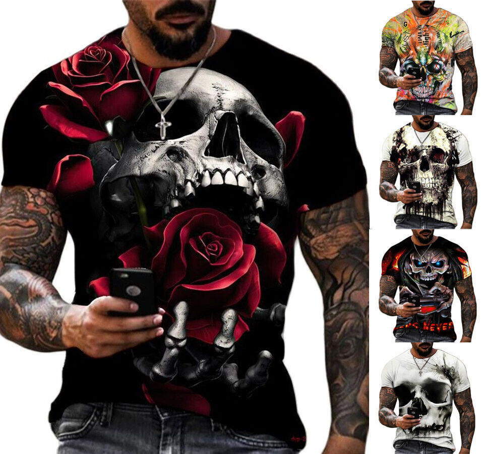 Gothic Skull Design Graphic T-Shirt Mens Short Sleeve Tee Top O Neck