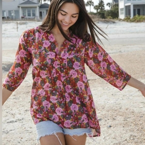 Natural Life Sz L/XL Red Floral Print Crinkle Pintuck 3/4 Sleeve Top Boho Beach